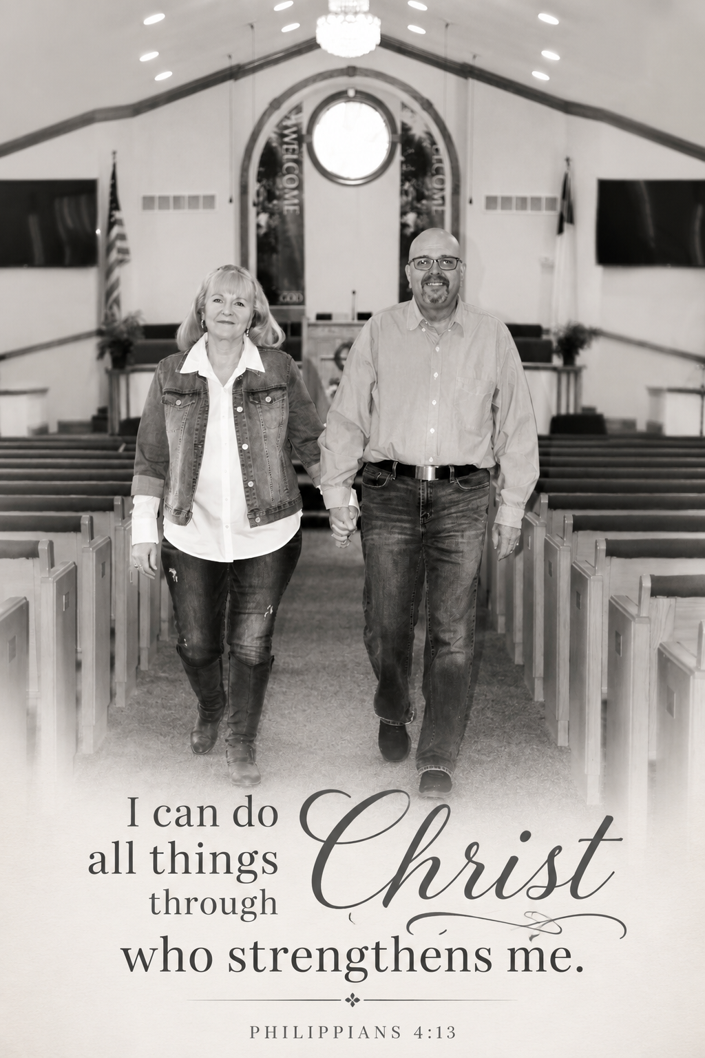 The Formans walking together in a church sanctuary with the scripture Philippians 4:13, “I can do all things through Christ who strengthens me.”
