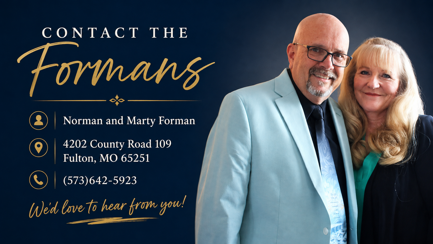 Norman and Marty Forman with contact information for The Formans Southern Gospel ministry in Fulton, Missouri.